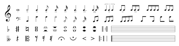Set of musical notes Black music note icons Music elements Treble clef Vector illustration