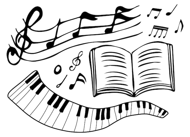 Set of musical notes music book and piano