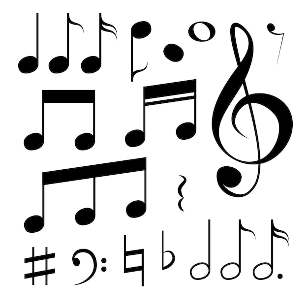 Set di note musicali e simboli isolati su sfondo bianco