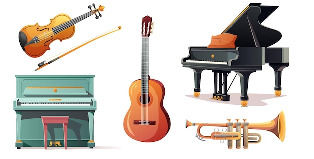 Vector set of musical vector instruments wind instruments grand pianos violin and guitar vector illustration for design cartoon style flat style