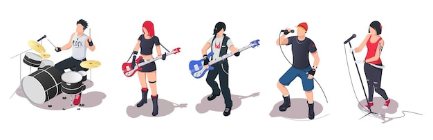 Set di musicista chitarrista batterista cantante rock band basso chitarra cartone animato cantante cantante gruppo concerto microfono che suona musica isolato su sfondo bianco illustrazione vettoriale isometrica