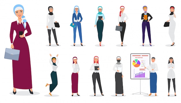 Set of muslim arabian business woman character poses.