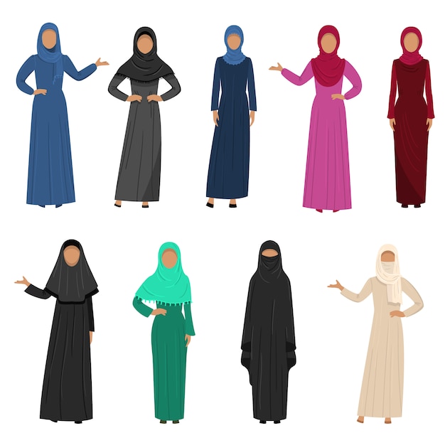 伝統的な民族衣装を身に着けているイスラム教のアラビア語の女性のセット。フラットな漫画のスタイルのイラスト。