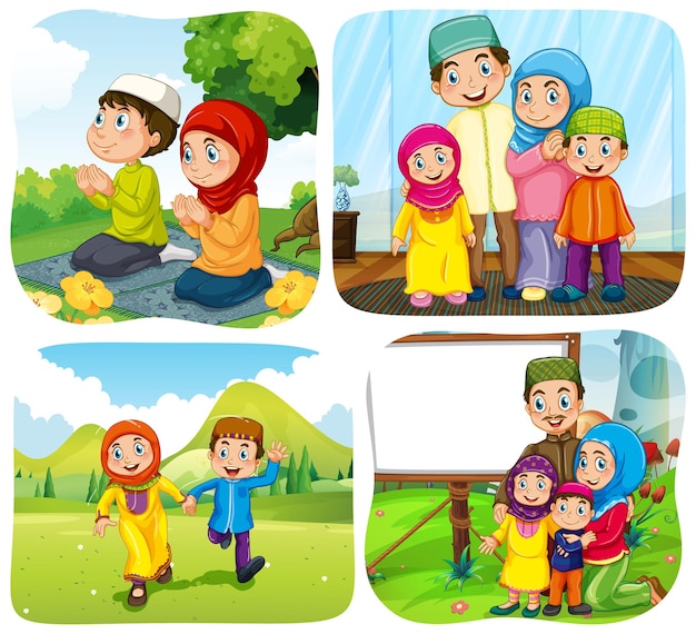 Vector set of muslim people cartoon character in different scene