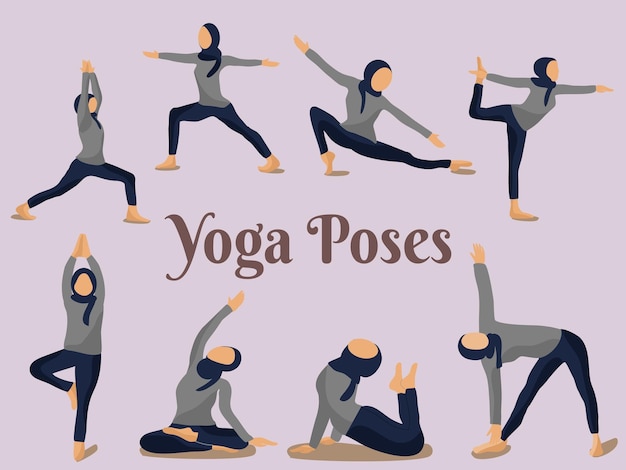 Set of muslim woman performing yoga poses free vector