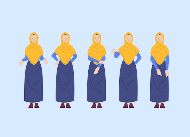 Vector set of muslim woman wearing hijab with various gesture