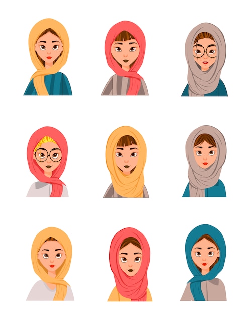 Vector set of muslim women in a scarf, burqa