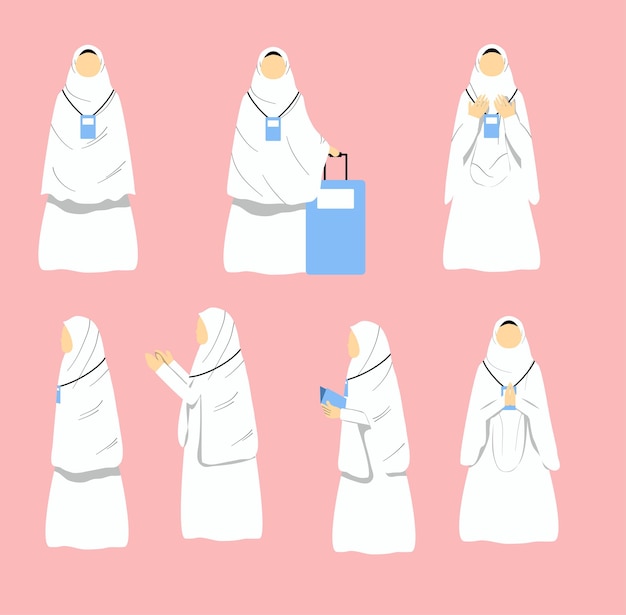 Vettore set di muslimah senza volto che indossa l'illustrazione del cartone animato vettoriale del pellegrinaggio islamico ihram hajj