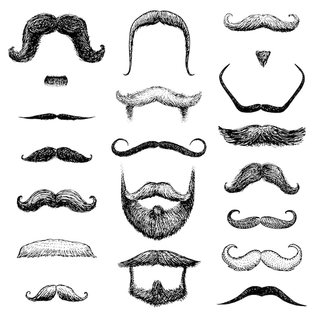 Vettore set di baffi e barba divertente di uomini hipster e barbiere retrò o parrucchiere su sfondo trasparente inciso disegnato a mano nel vecchio stile vintage di schizzo per imballaggio e segnaletica