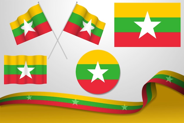 Vector set of myanmar flags in different designs icon flaying flags with ribbon with background