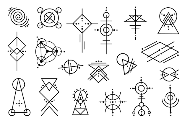 Set di misteriosi ornamenti elementi geometrici mistici doodle segni esoterici per la stampa di adesivi per tatuaggi