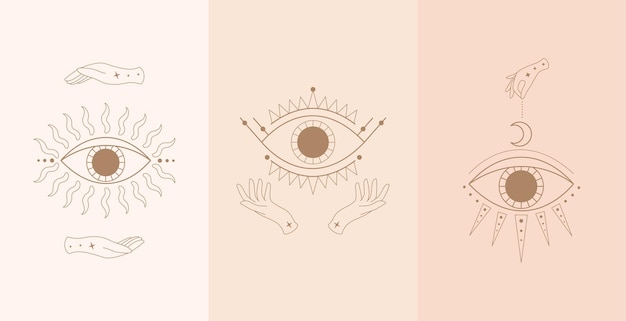 Set of mystic eyes with woman hands.  illustration in boho style