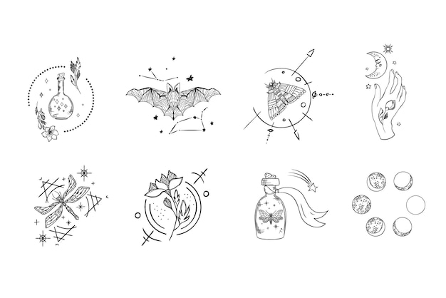 Set of mystical composition vector line art illustration with magic elements