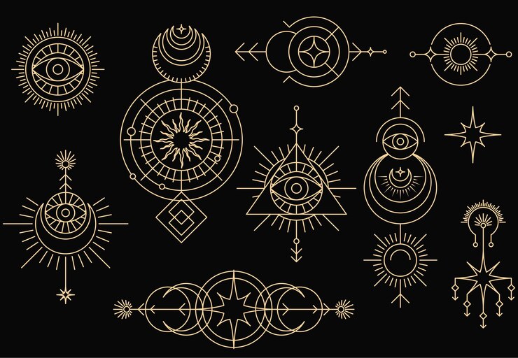 Set of mystical magic symbols occult tarot signs and spiritual emblems with sun moon and stars allseeing eye tribal marks vector