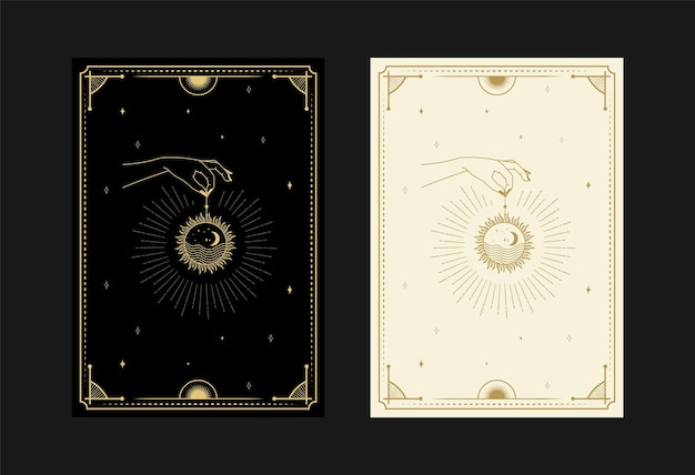 Vector set of mystical tarot cards alchemical doodle symbols engraving of stars moon planet and crystals