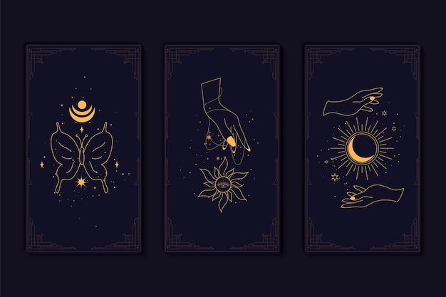 Set di carte dei tarocchi mistici. elementi di simboli esoterici, occulti, alchemici e streghe. segni zodiacali. carte con simboli esoterici. silhouette di mani, stelle, luna e cristalli. illustrazione vettoriale