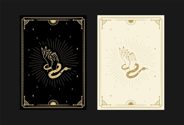 Vector set mystieke tarotkaarten alchemistische doodle symbolen gravure van sterren schedel slangen en kristallen