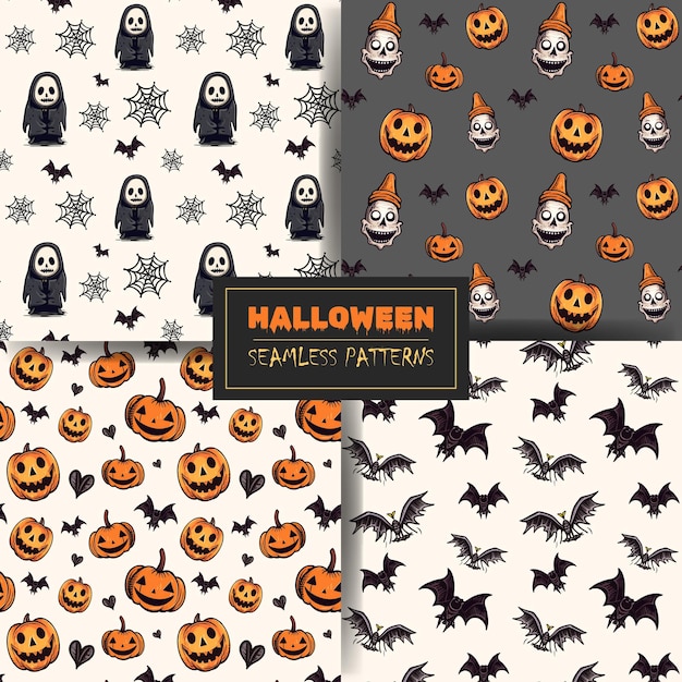 Set naadloze Halloween patronen met pompoen vleermuis spook schedel Vector collectie