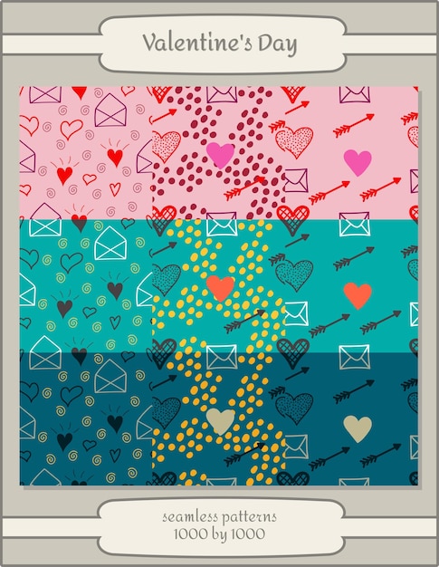 Set naadloze patronen met handgetekende harten en letters Valentijnsdag achtergrond