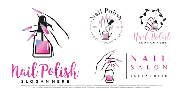 Set nagellak of nagelstudio-logo-ontwerp voor manicuresalon met vrouwenhanden Premium Vector