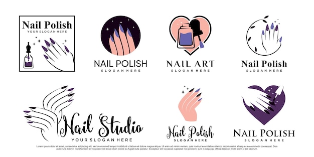 Set nagellak of nagelstudio logo ontwerpsjabloon met creatief element Premium Vector