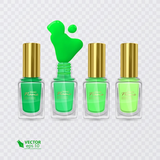 Set of nail polishes of colors from green to light green, nail polishes on transparent background,   illustration