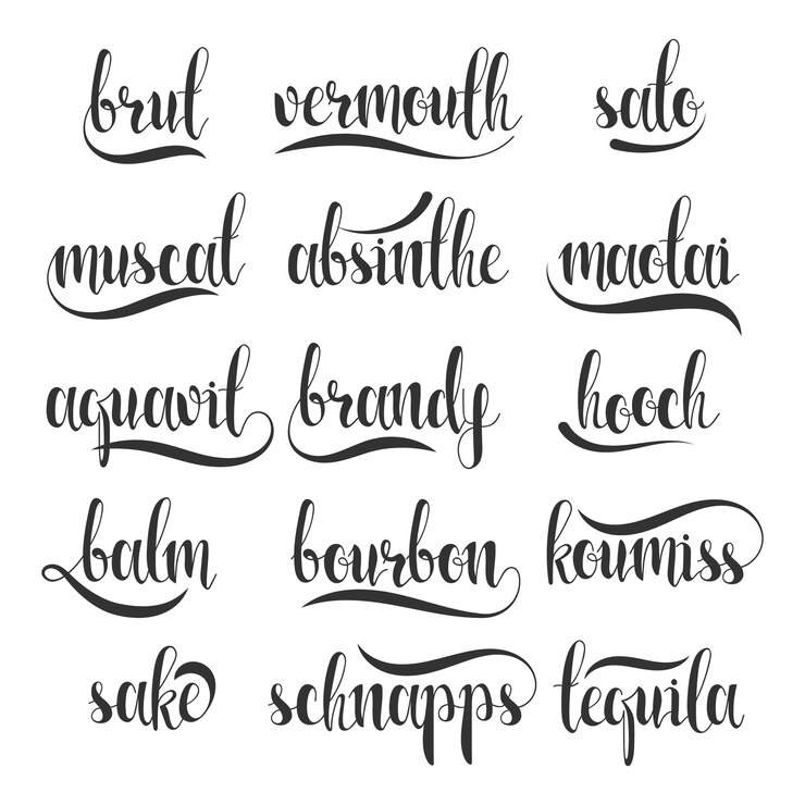 Vector set names of species alcohol in calligraphy handmade design menu. elite premium design labels. calligraphy to create retro and vintage design menus, infographics, posters, brochures and postcards.