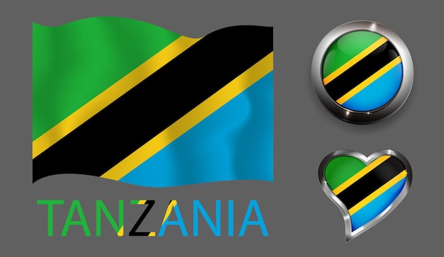 Set natie tanzania vlag glanzende knop hart