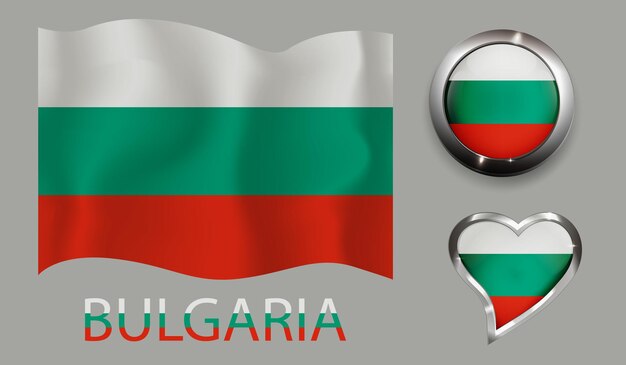 set nation Bulgaria flag glossy button heart
