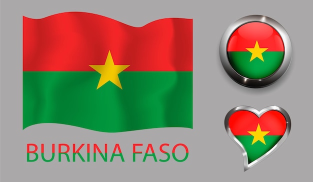 Set nation burkina faso flag glossy button heart