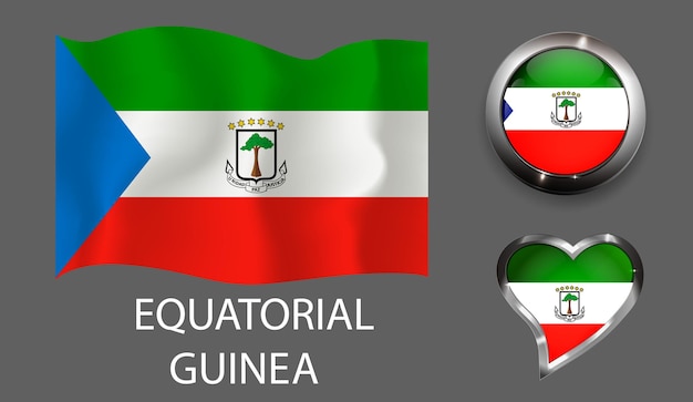 セット国家赤道ギニアの旗の光沢のあるボタンの心