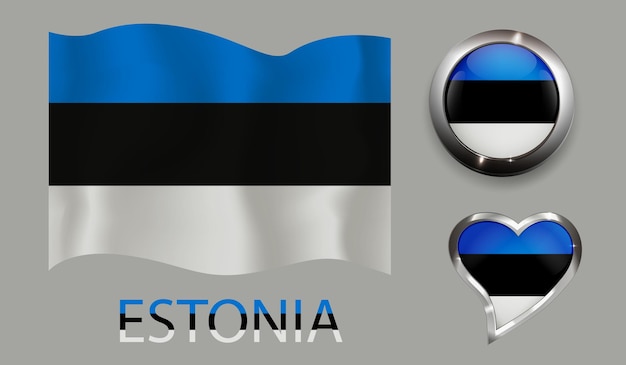 Set nation estonia flag glossy button heart