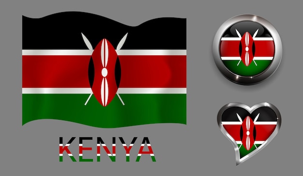 set nation Kenya flag glossy button heart