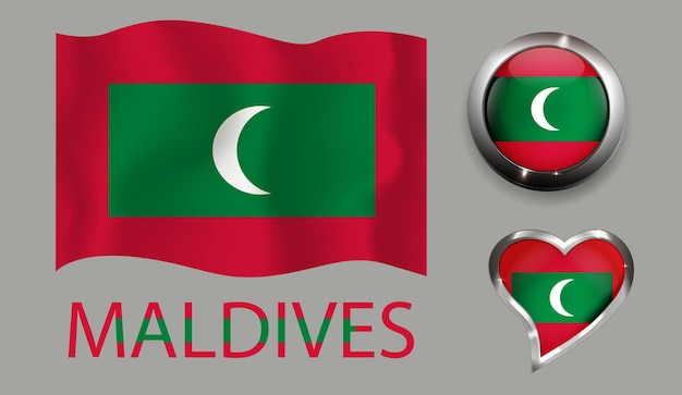 Set nazione maldive bandiera pulsante lucido cuore