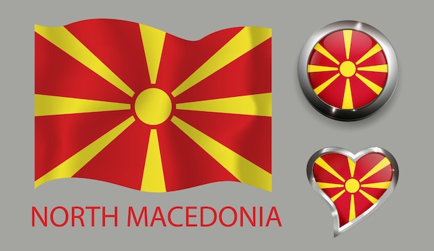 set nation North Macedonia flag glossy button heart