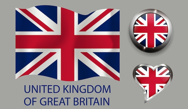 set nation United Kingdom flag glossy button heart