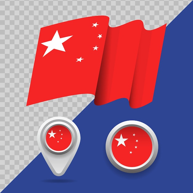 Set of national China flag. 3D China flag, map markers and emblem on transparent background vector illustration