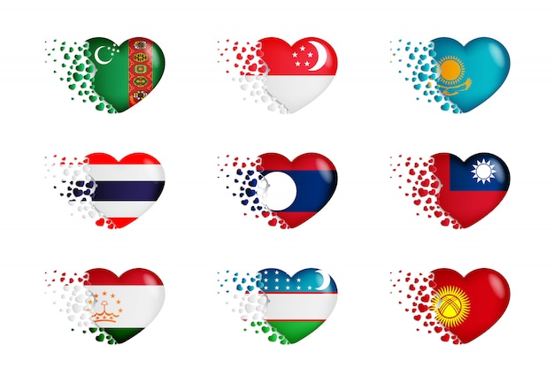 Set of national flags with fly out small hearts