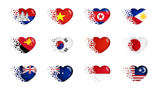 Set of national flags with fly out small hearts