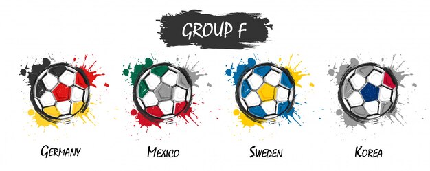 Set of national football team group F. Realistic watercolor art paint with stained splash