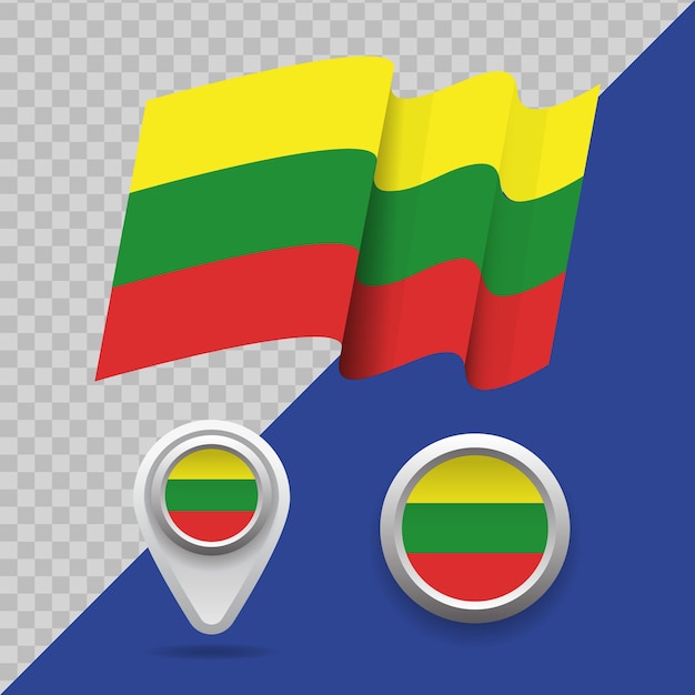 国のリトアニアの旗のセット。 3Dリトアニアの旗、地図マーカー、透明な背景のベクトル図のエンブレム