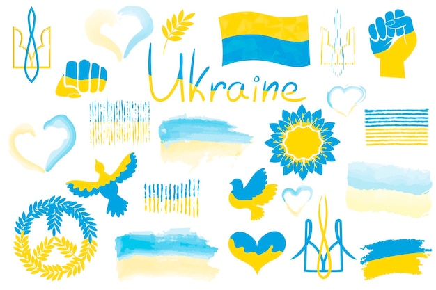 Set of national symbols in the colors of the Ukrainian flag