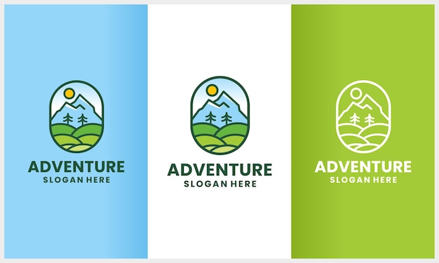 ラインアートスタイルのロゴデザインコンセプトと自然な冒険のセット