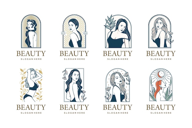 Vector set of natural beauty woman salon spa and hair treatment luxury logo inspiration