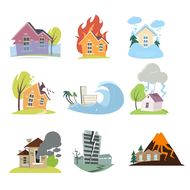 Vector set of natural disasters with  outdoor compositions of living houses