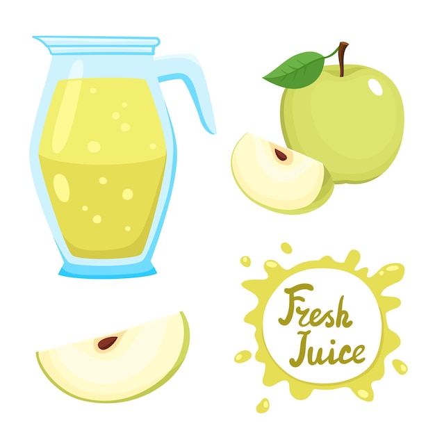 Set of natural fresh apple juice in jar and green apples illustration