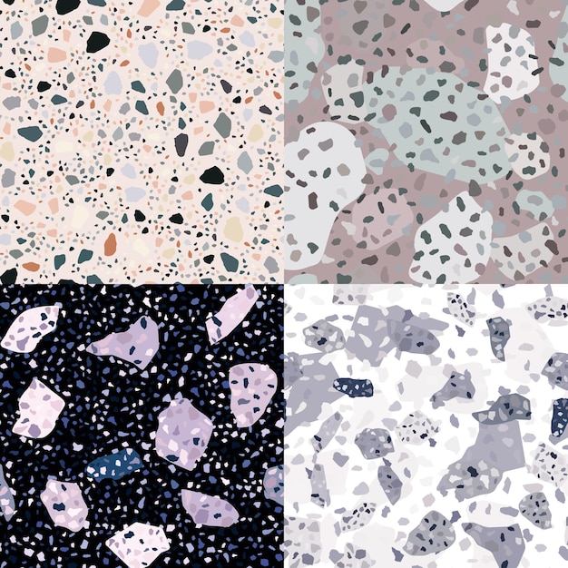 Vector set of natural stone, granite, quartz shapes. terrazzo seamless pattern design. rock backdrop textured. vector illustration. abstract marble wallpaper on green background.