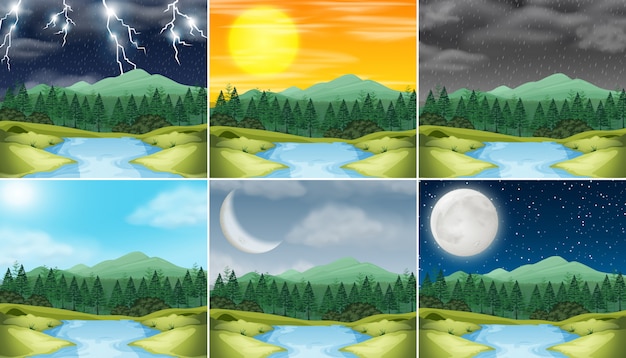 Vector set of nature landscape different weather