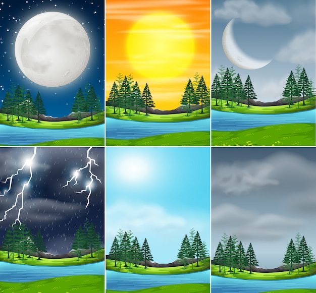 Vector set of nature landscape different weather