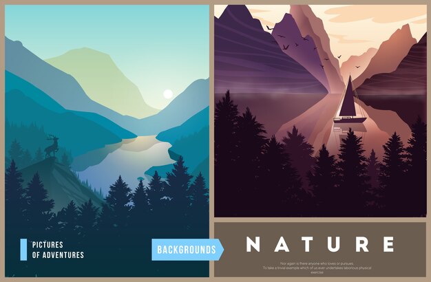 Set di illustrazioni di paesaggi naturali con sagome di montagne e alberi.